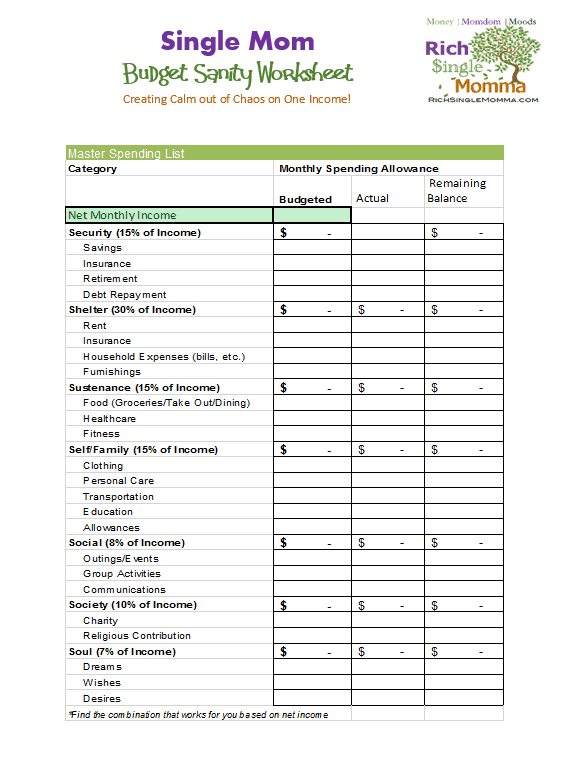 7 Free Single Mom Budget Worksheets RichSingleMomma